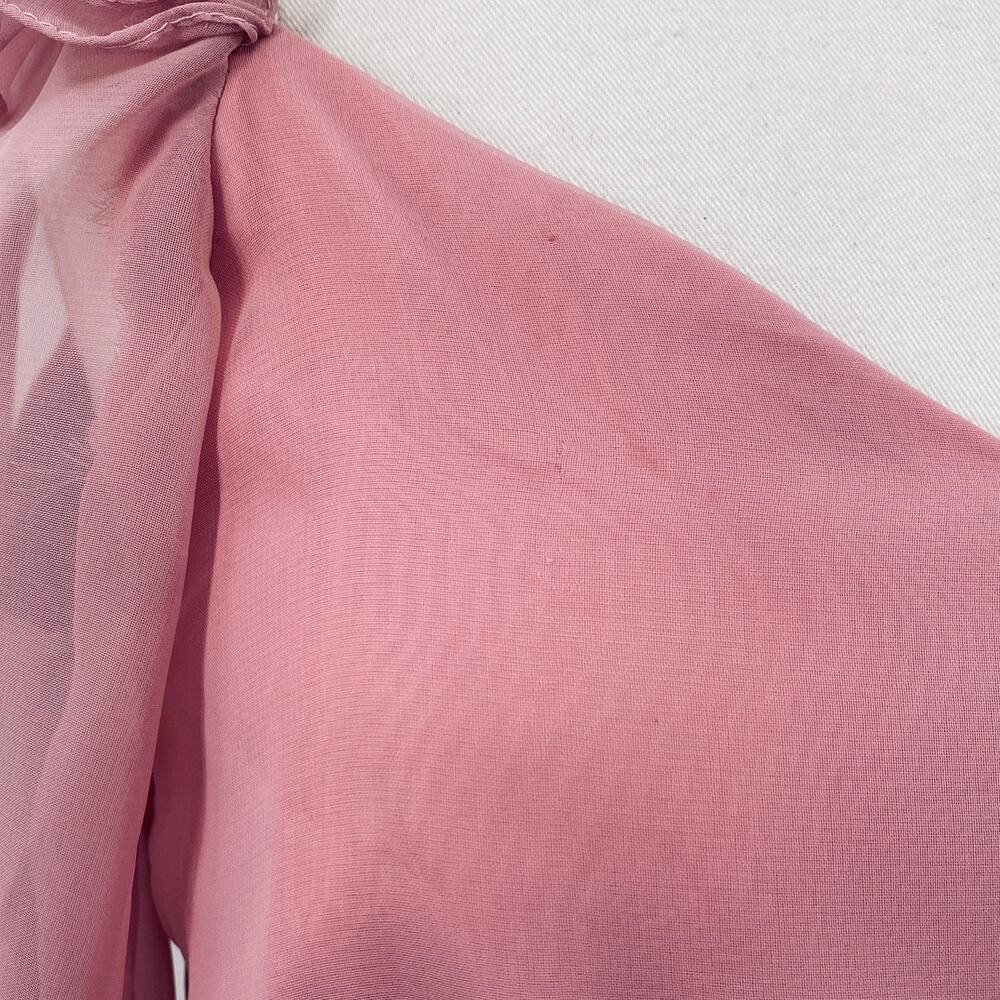 Vintage 70s Chiffon Puff Sleeve Ruffle Off Shoulder Midi Dress Fit Flare Pink 4 - Picture 3 of 10